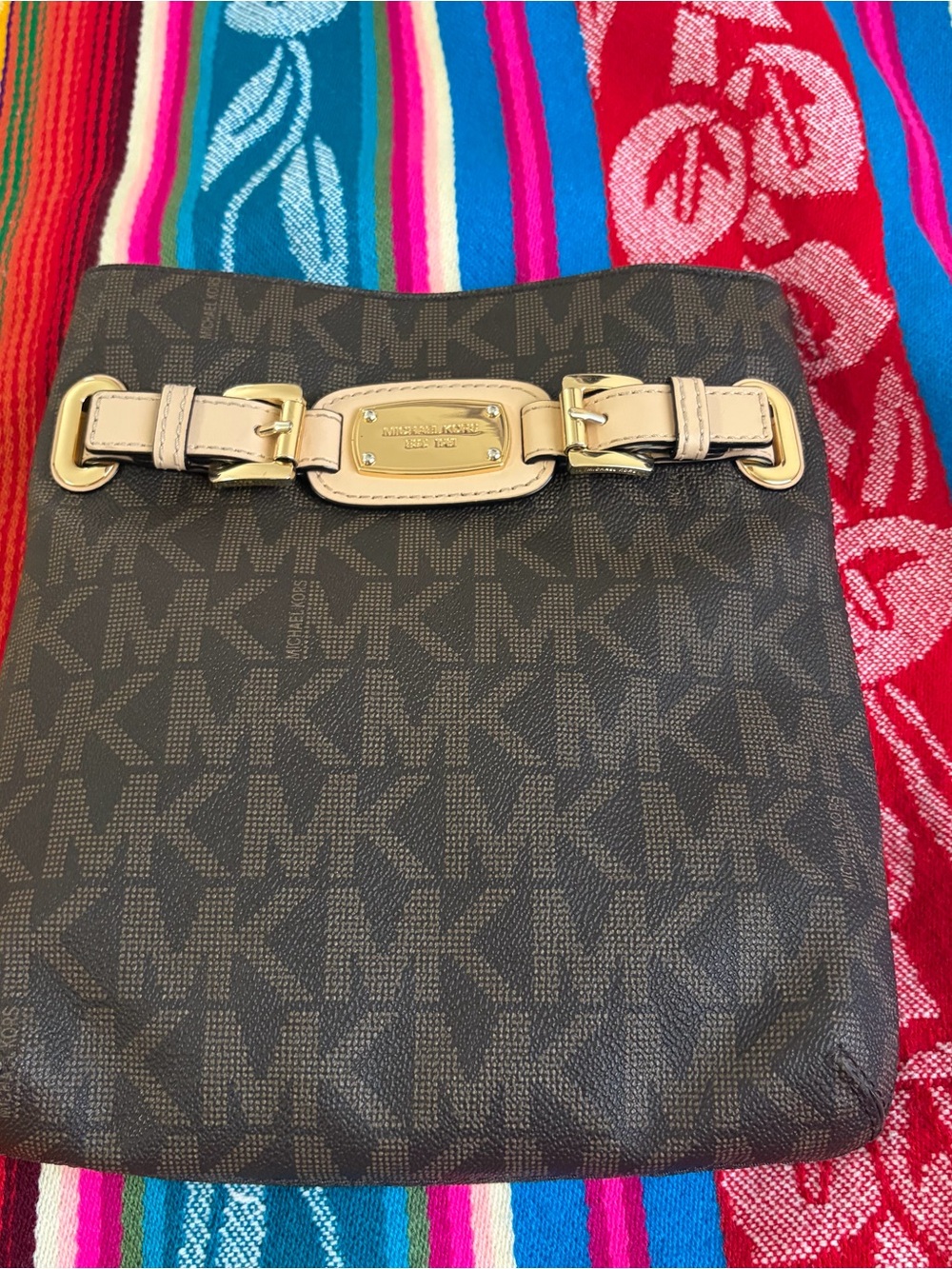 Michael Kors Dark Brown Logo Messenger Bag with Beige Trim